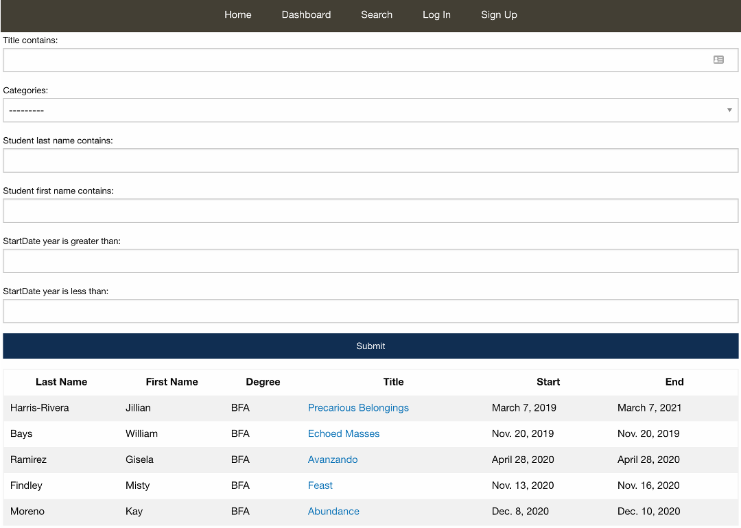 Exhibitions Search Page