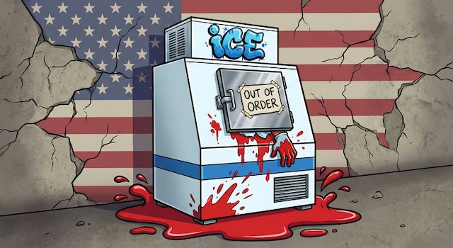 AI generated protest art of ICE showing 'Out of Order' sign on bloodied ice machine